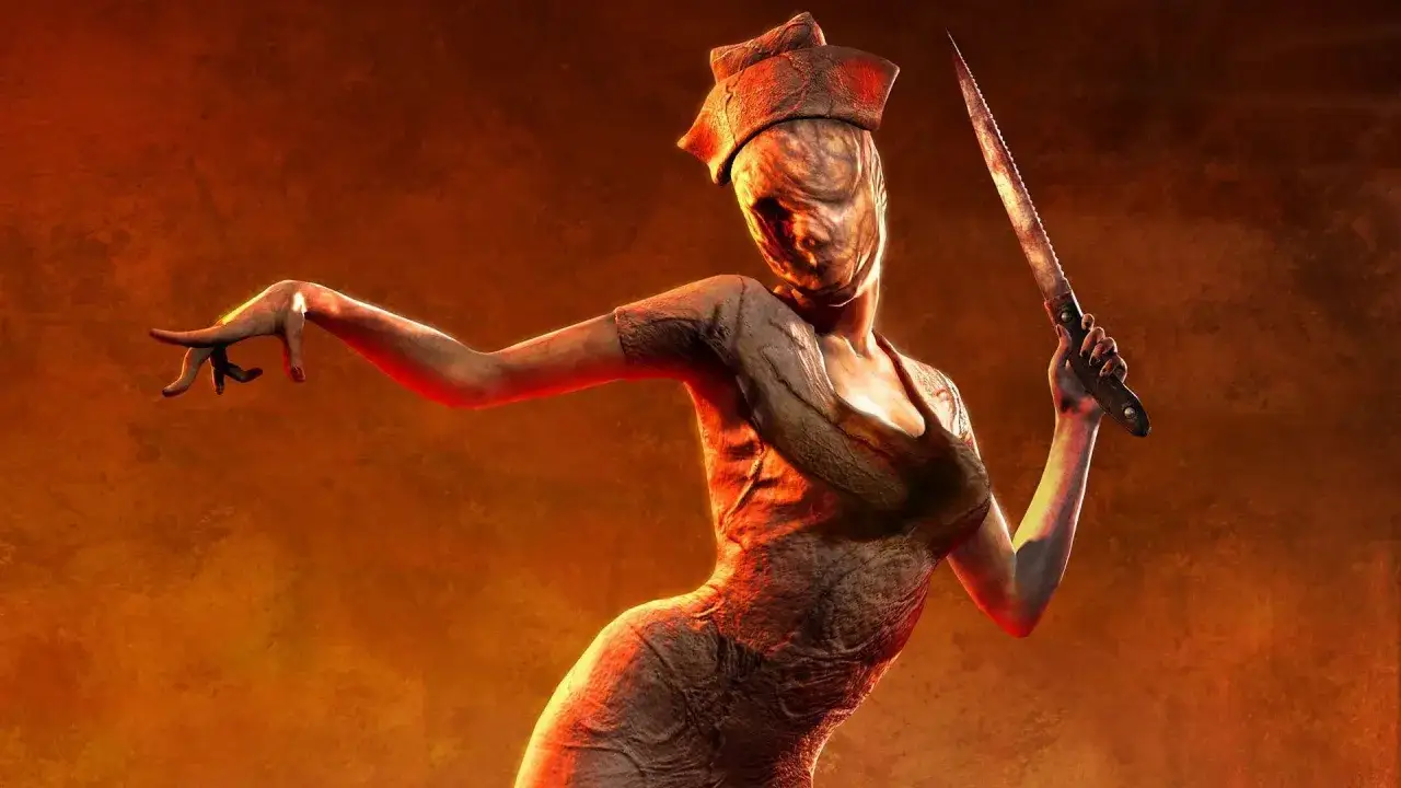 Przerażająca pielęgniarka z nożem, w stylu Silent Hill 1 remake, z opaską na głowie i zakrwawioną sukienką.