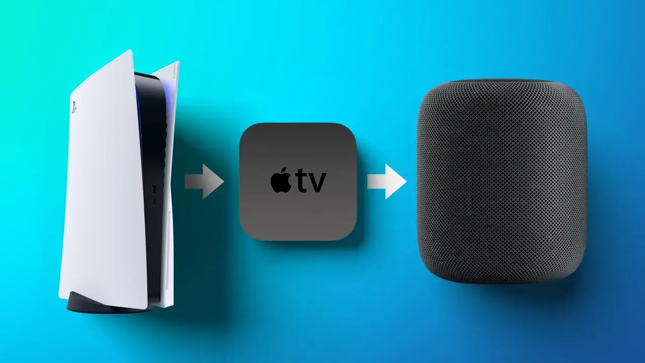 Konsola PS5, Apple TV i głośnik HomePod obok siebie, sugerujące połączenie rozrywki i technologii.