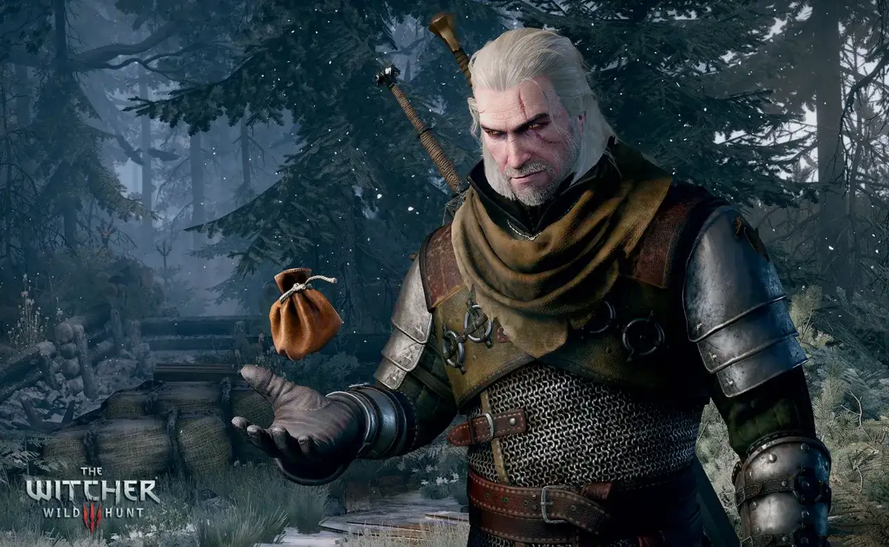 Geralt z Rivii w zimowym lesie, trzymający sakiewkę. Wiedźmin 3: Dziki Gon dostępny w Game Pass.