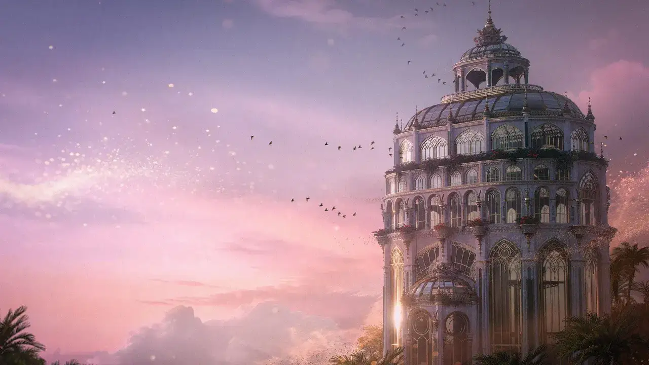 Majestatyczna wieża w stylu orientalnym, otoczona palmami, na tle różowego nieba. Ptaki szybują w powietrzu, tworząc atmosferę jak z Prince of Persia Sands of Time remake.
