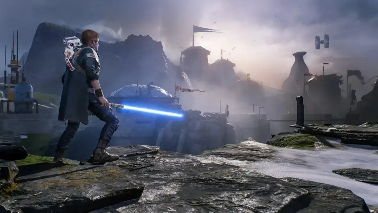Cal Kestis z mieczem świetlnym w ręku, gotowy do walki. To scena z gry Star Wars Jedi: Fallen Order, która oferuje wiele godzin emocjonującej rozgrywki.