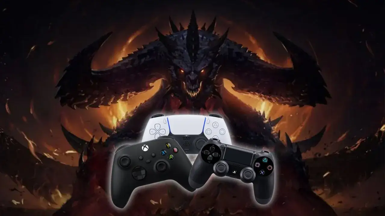 Diablo Immortal na PS5? Trzy kontrolery: DualSense, Xbox i DualShock 4, gotowe do walki z demonami.