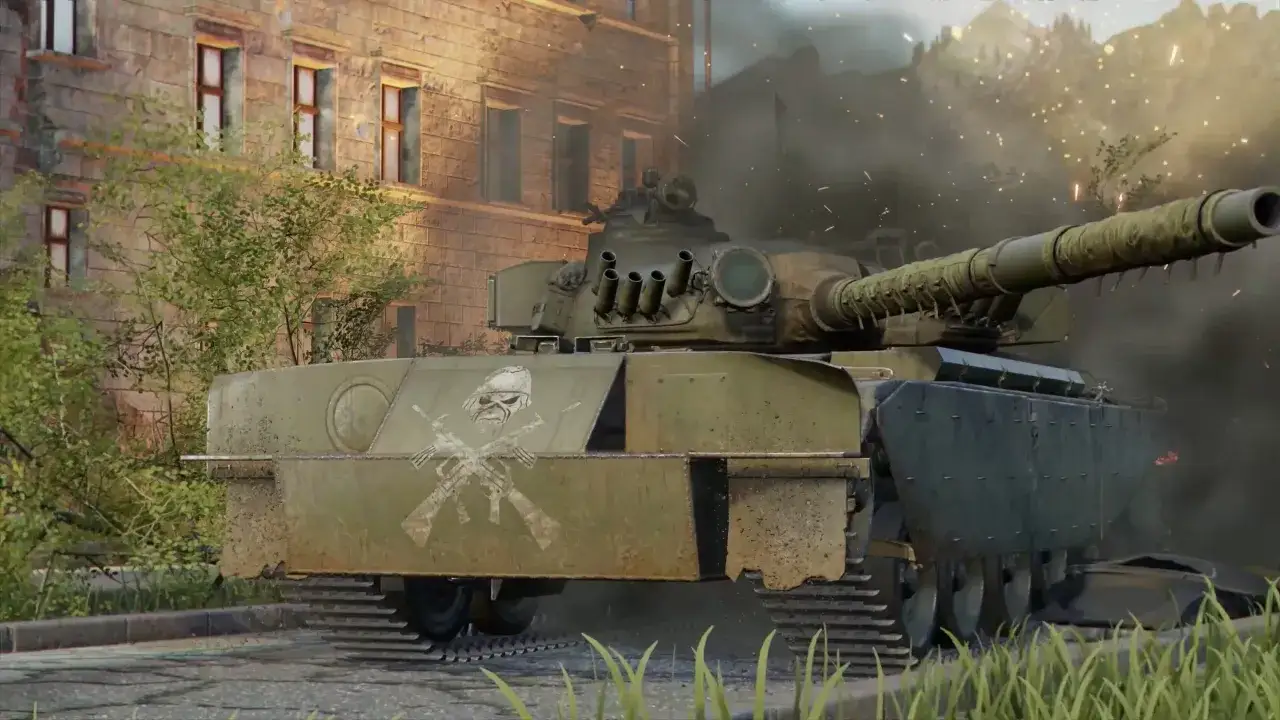 Czołg z czaszką i skrzyżowanymi karabinami na froncie, gotowy do walki w świecie World of Tanks PS5.