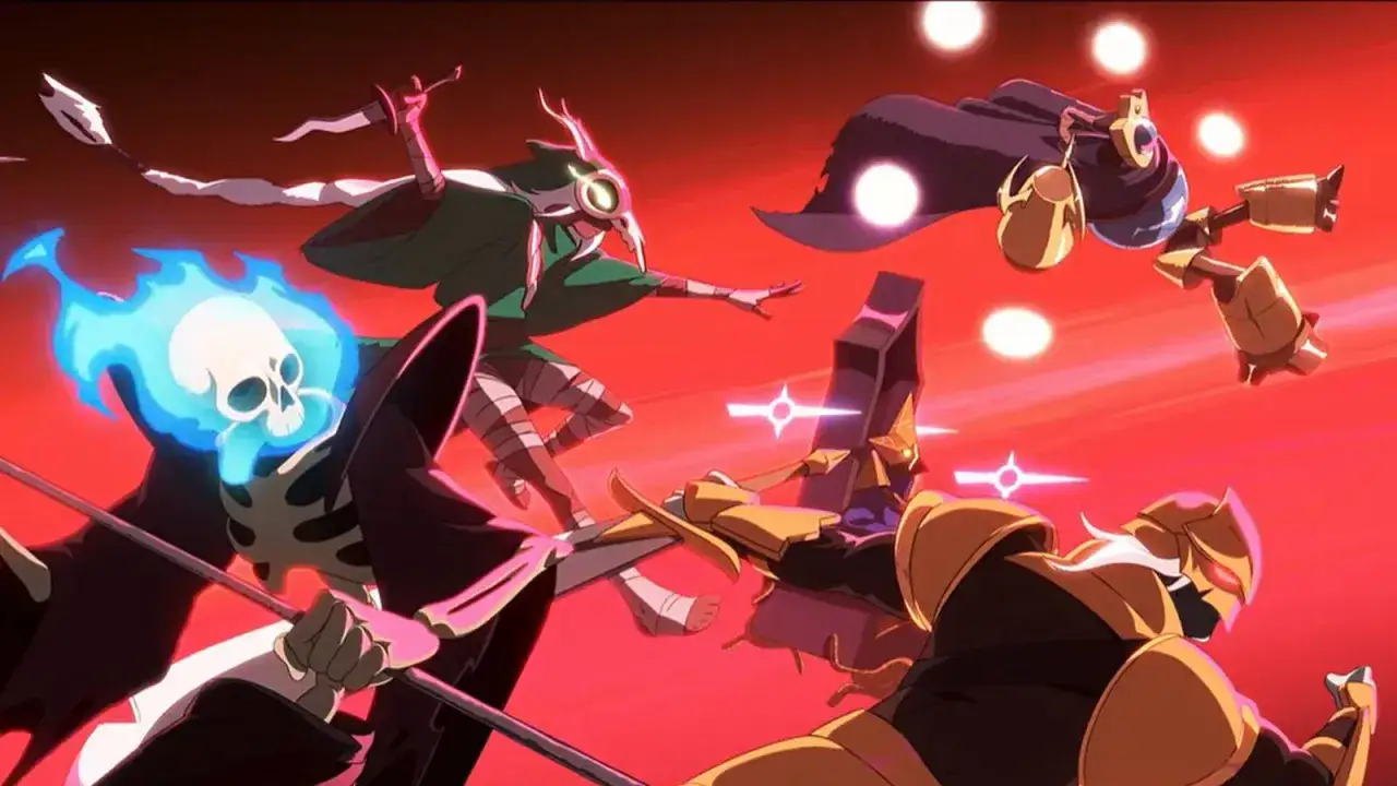 Postacie z gry Slay the Spire 2 w akcji. Szkielet z płonącą głową, wojownik w zieleni i złoci rycerze walczą na czerwonym tle.