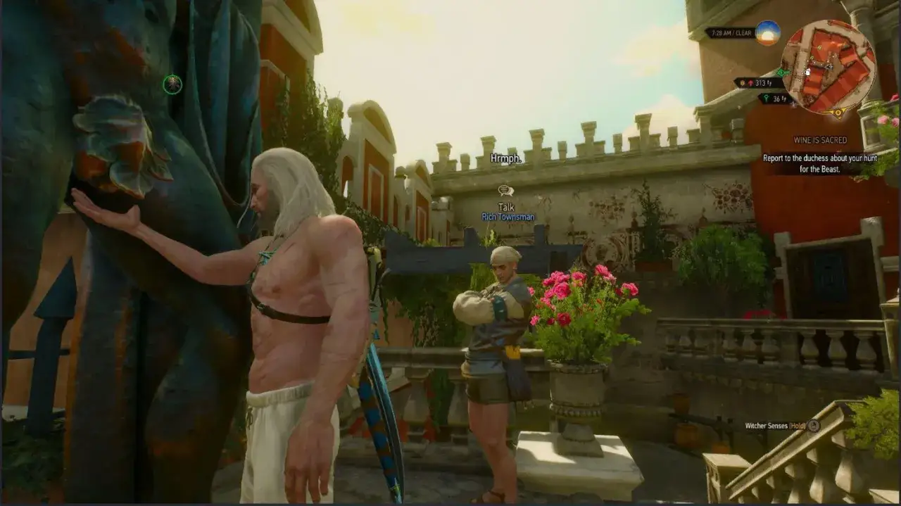 Geralt z Rivii bada posąg, szukając wskazówek, być może związanych z zadaniem