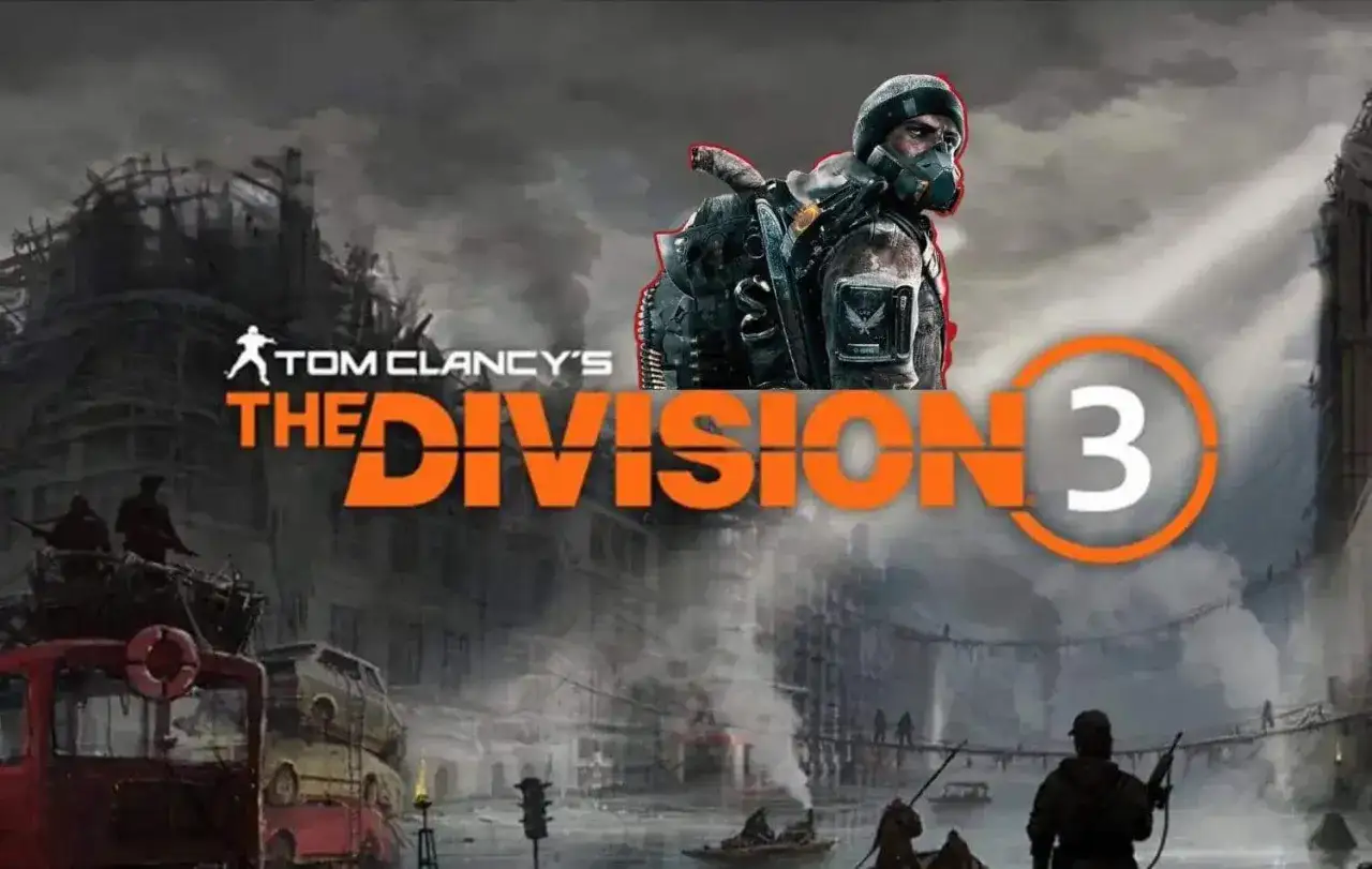Postapokaliptyczne miasto, żołnierz w masce gazowej i logo gry Tom Clancy's The Division 3.