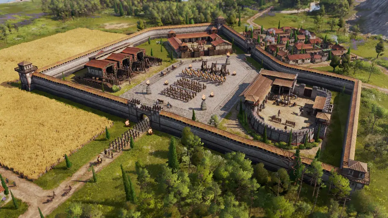 Rzymska forteca anno 117. Legiony ćwiczą na dziedzińcu, obok warsztatów i pól zbożowych.