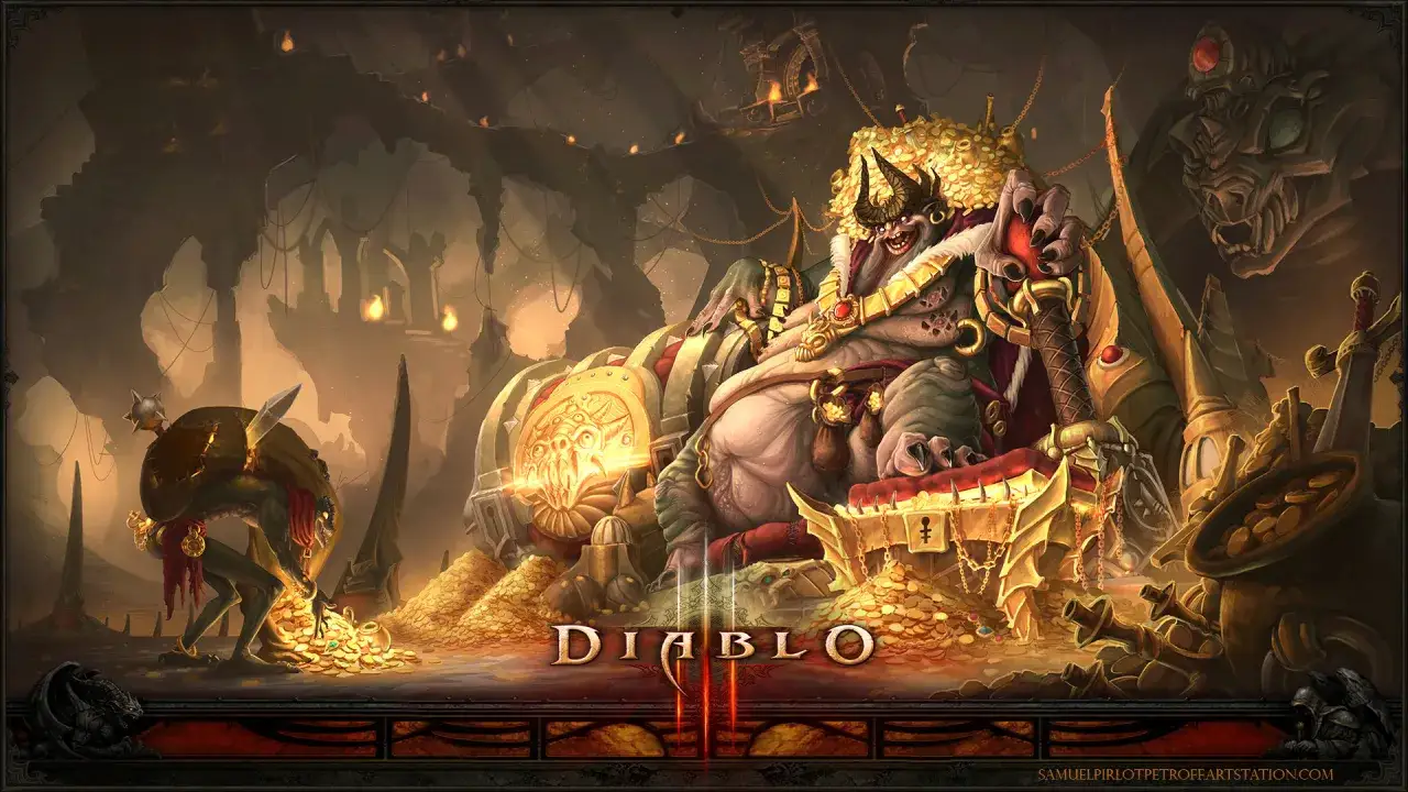 Potężny demon siedzi na górze złota, podczas gdy mniejszy demon kradnie monety. Wyobraź sobie, że to scena z Diablo 3, gdzie diablo 3 crossplay pozwoliłby na wspólną grę z przyjaciółmi na różnych platformach.