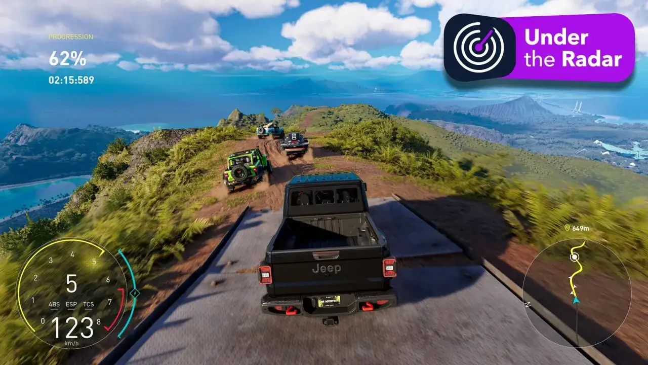 Wyścig terenowy na Nintendo Switch. Wiele aut pędzi po górskiej drodze, a przed nami czarny Jeep. Forza Nintendo Switch!