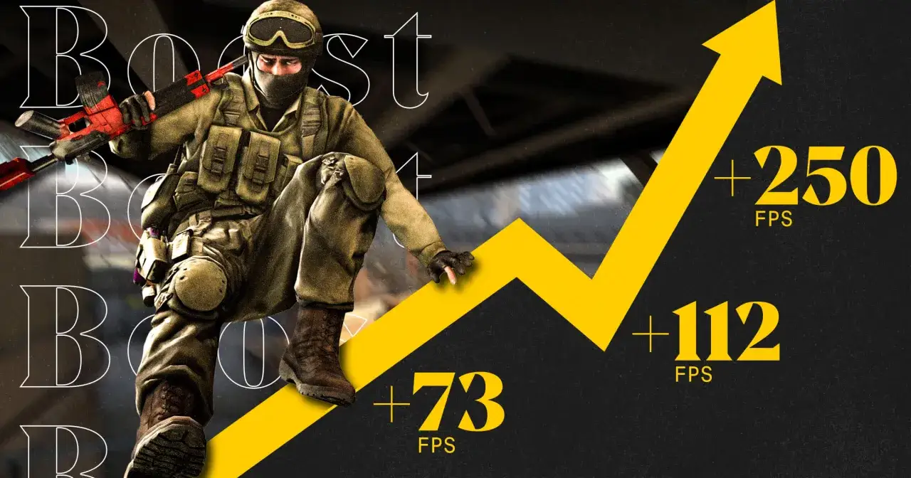 Gracz w CS:GO z karabinem, na tle rosnącego wykresu FPS. Wzrosty: +73, +112, +250 FPS.