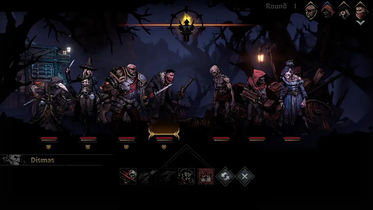 Drużyna bohaterów w mrocznym stylu, gotowa do walki w Darkest Dungeon 2 PS5.
