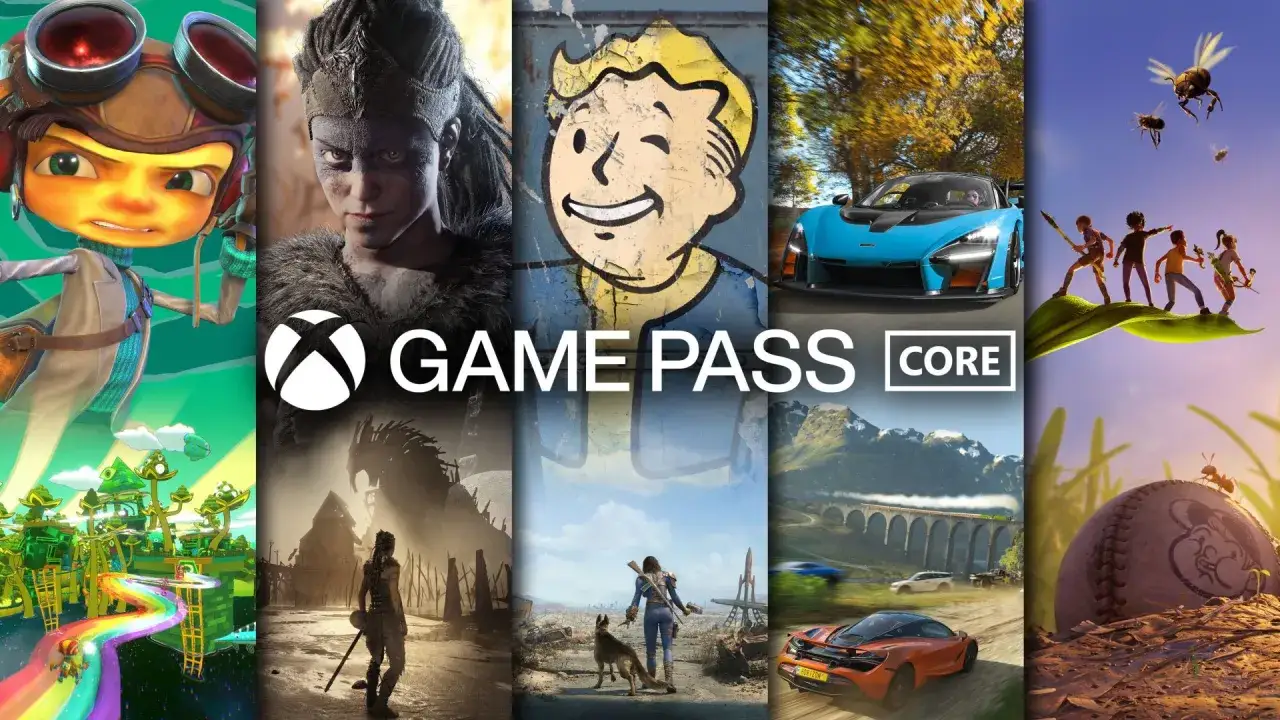 Kolaż gier z napisem Xbox GAME PASS CORE. Widzimy postacie z gier, samochody wyścigowe, światy fantasy i postapokaliptyczne.