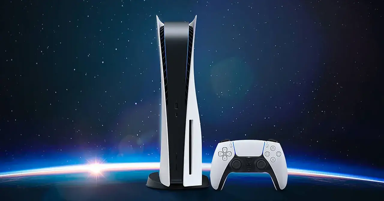 Konsola PS5 i kontroler DualSense na tle kosmosu z widokiem na Ziemię. Premiera PS5 była przełomem.