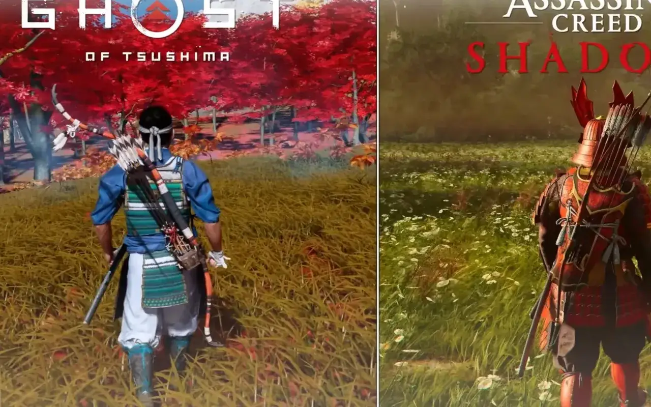 Porównanie Ghost of Tsushima i Assassin's Creed Shadows. Samurajowie w trawie, jeden w niebieskim stroju, drugi w czerwonej zbroi.