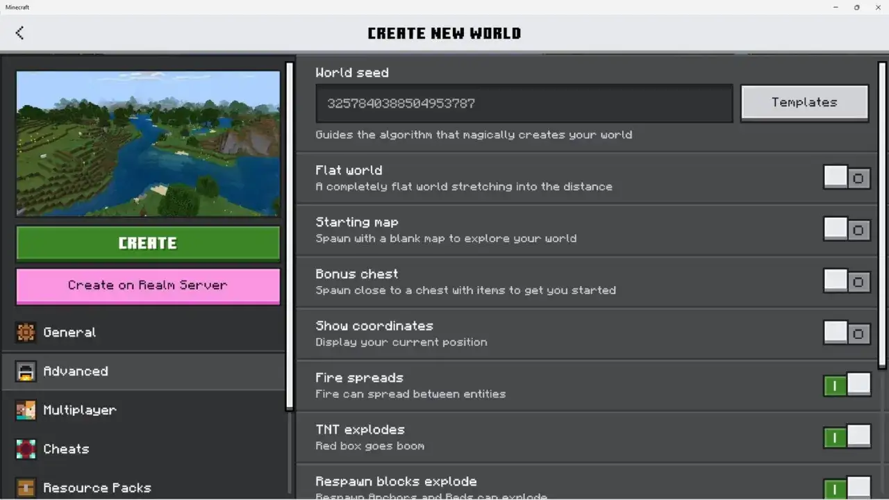 Ekran tworzenia świata w Minecraft. Wpisz seedy do Minecraft, aby wygenerować unikalny świat.