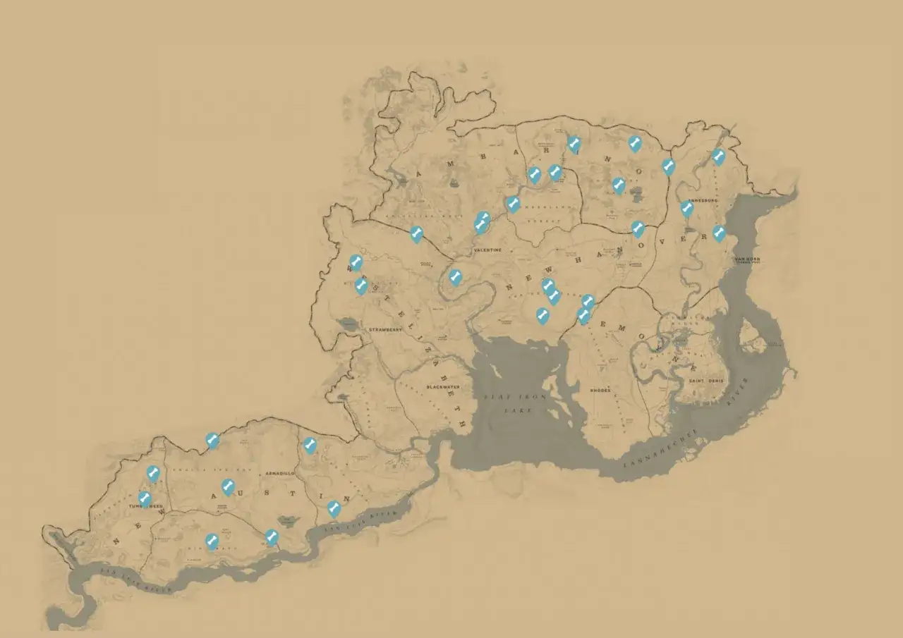 Mapa z zaznaczonymi lokalizacjami rdr2 kości dinozaurów.