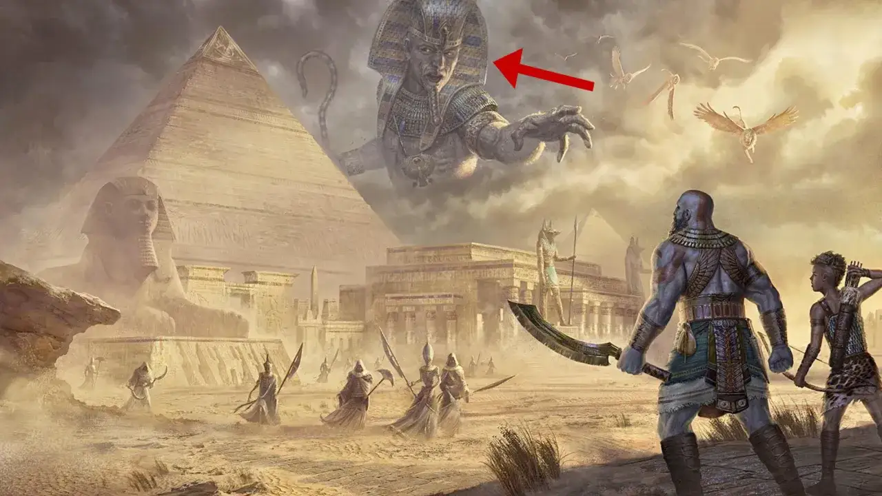 Potężny wojownik staje naprzeciwko gigantycznego bóstwa w starożytnym Egipcie, niczym w grze God of War w pustynnym krajobrazie.