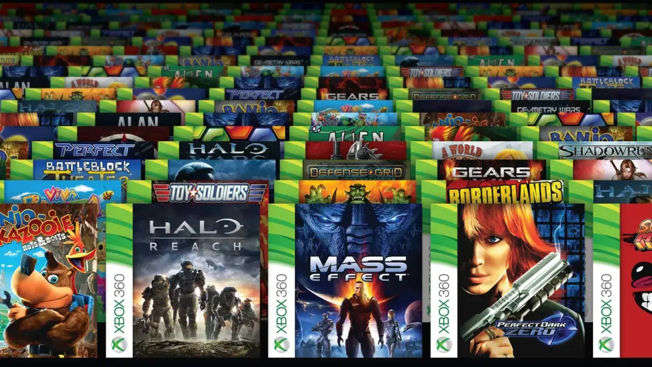 Półki z grami na Xbox 360, w tym Halo, Mass Effect, Borderlands. Czy płyty z Xbox 360 działają na Xbox One?