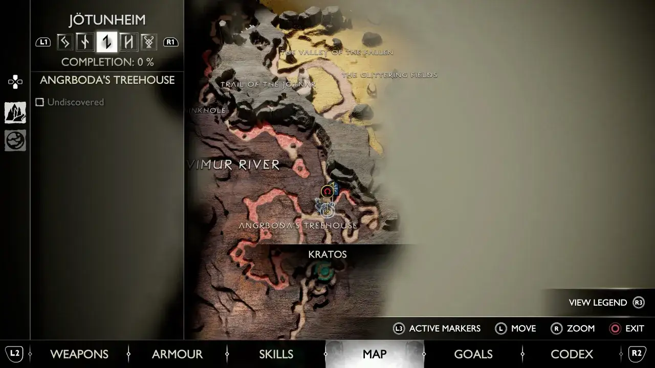 Mapa God of War Ragnarök: Jötunheim, Jezioro Dziewięciu. Angrboda's Treehouse i Vimur River.
