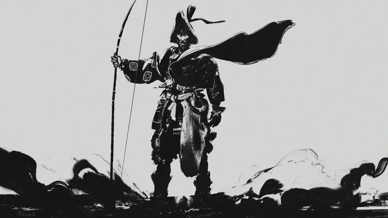 Samuraj z łukiem, stylizowany na tusz, przypomina postać z gry Ghost of Tsushima, dostępnej w PS Plus.