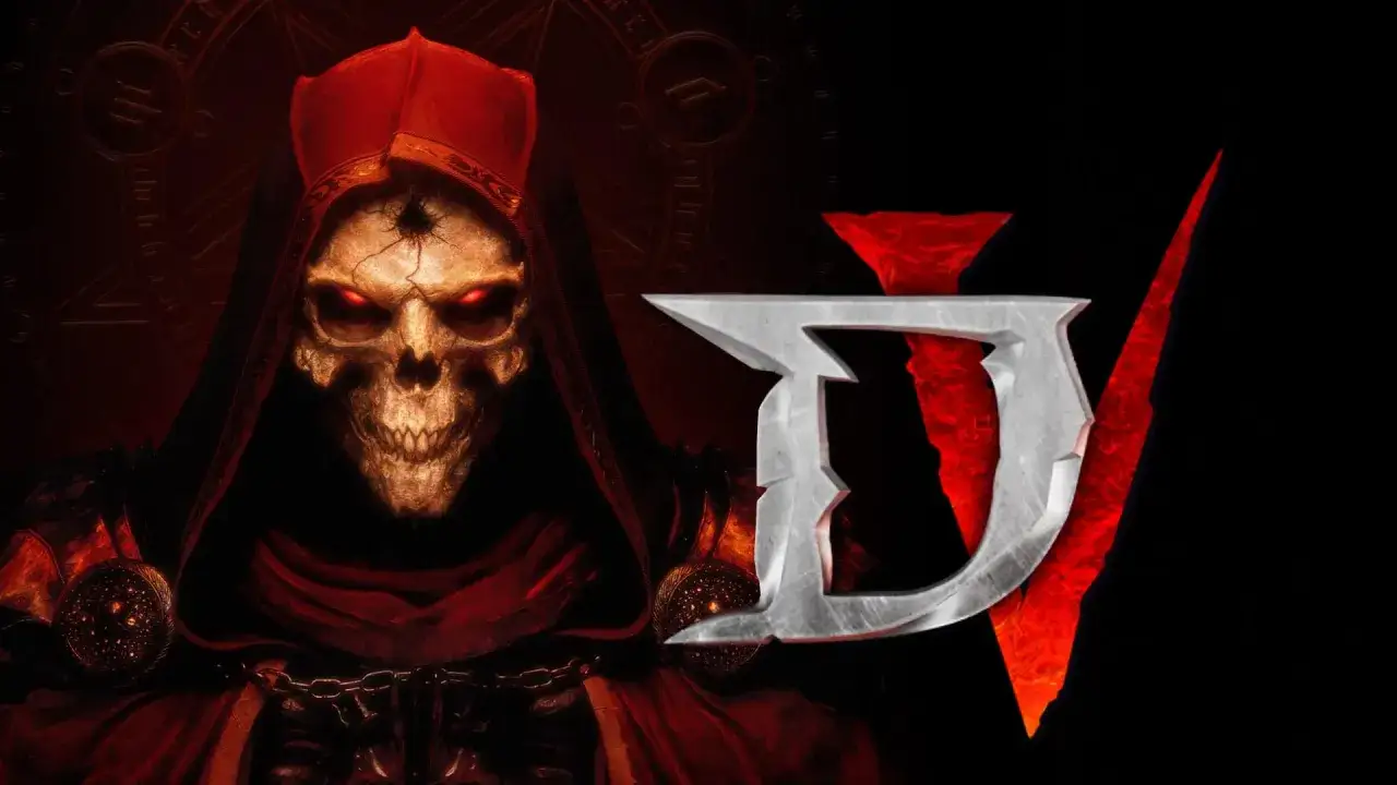 Diablo 5: przerażająca czaszka w czerwonej szacie i symbol gry.
