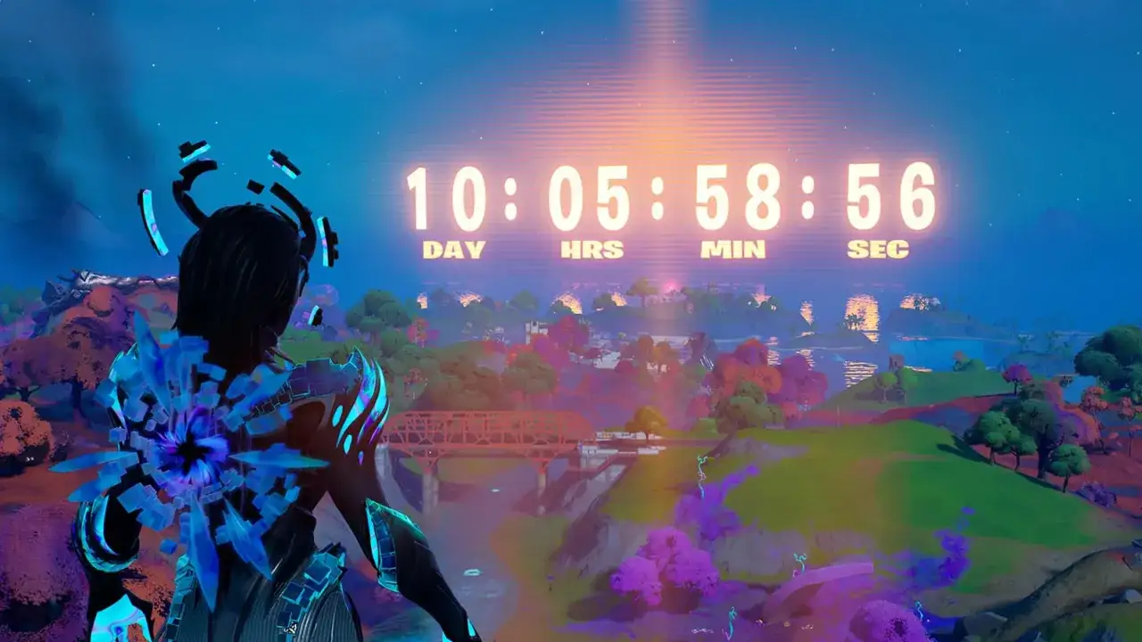 Odliczanie do momentu, kiedy jest nowy sezon w Fortnite. Postać w niebieskich kryształach patrzy na zegar.
