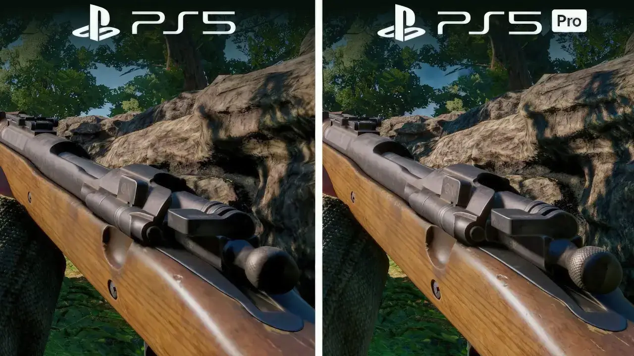 Porównanie grafiki War Thunder na PS5 i PS5 Pro. Widok z perspektywy pierwszej osoby na karabin w lesie.