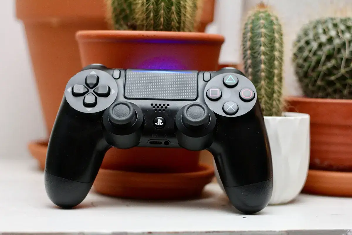 Czarny pad do PlayStation 4, otoczony kaktusami w doniczkach. Idealny do grania w r3 na padzie.