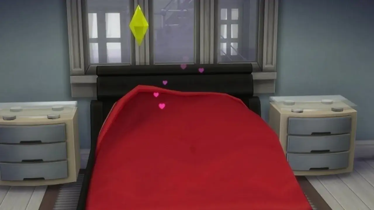 Łóżko z czerwonymi kołdrami i serduszkami unoszącymi się w powietrzu, symbolizujące romantyczne chwile w grze Woohoo Sims 4.