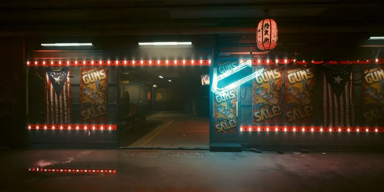 Sklep z bronią w stylu cyberpunk, neonowy szyld