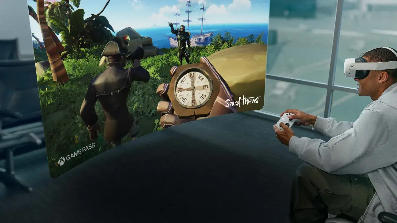 Gracz w goglach VR steruje postacią w grze Sea of Thieves na Xbox Series X, eksplorując piracką wyspę.