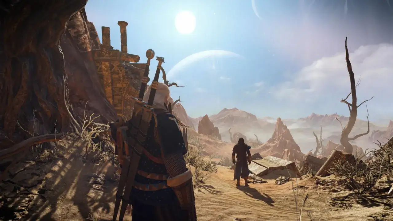 Geralt wyrusza przez pustynny krajobraz, gdzie ruiny i dziwne formacje skalne świadczą o podróży przez czas i przestrzeń.