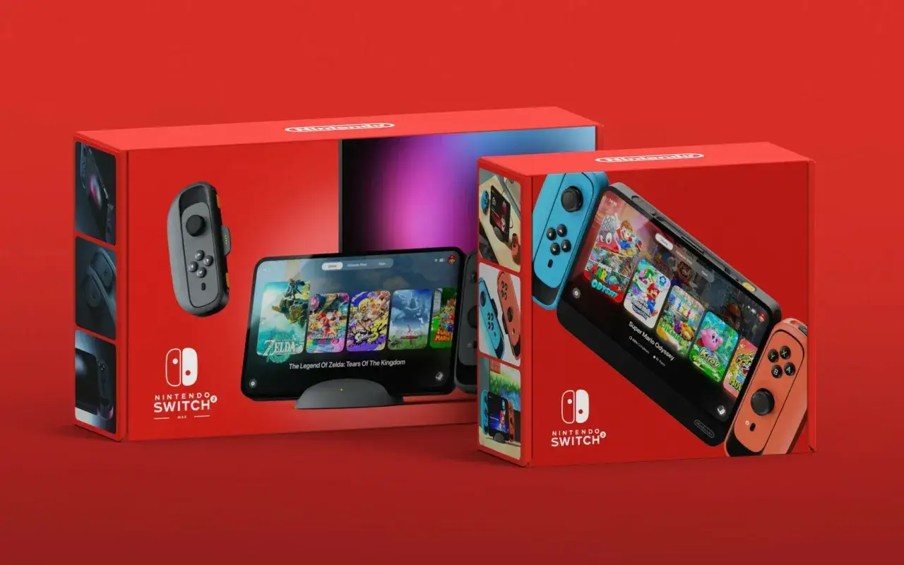 Premiera Nintendo Switch: czerwone pudełka z konsolą, grami jak Zelda i Mario, oraz kolorowymi Joy-Conami.