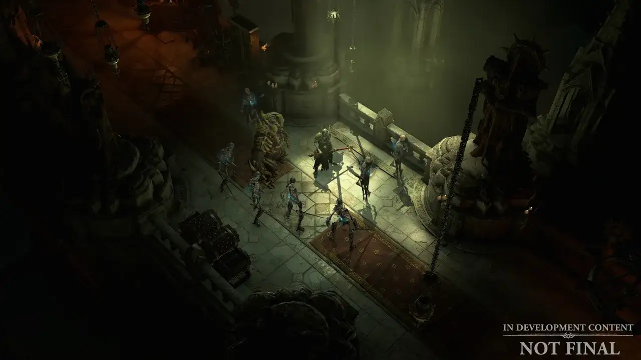 Nekromanta z Diablo 4 dowodzi armią szkieletów w mrocznej komnacie.