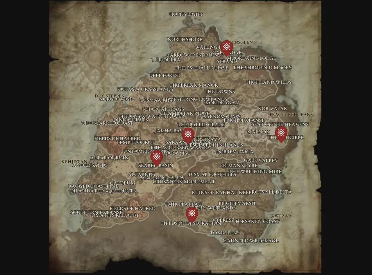 Mapa Sanktuarium z zaznaczonymi lokacjami, w tym miejscami występowania diablo 4 bossów świata.