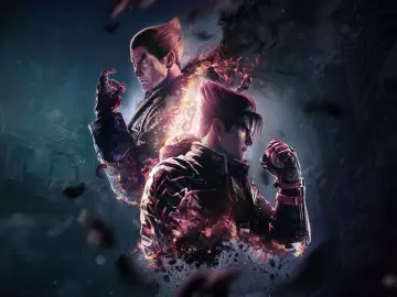 Jin Kazama i Kazuya Mishima w płomieniach, zapowiadający emocjonującą premierę Tekken 8.