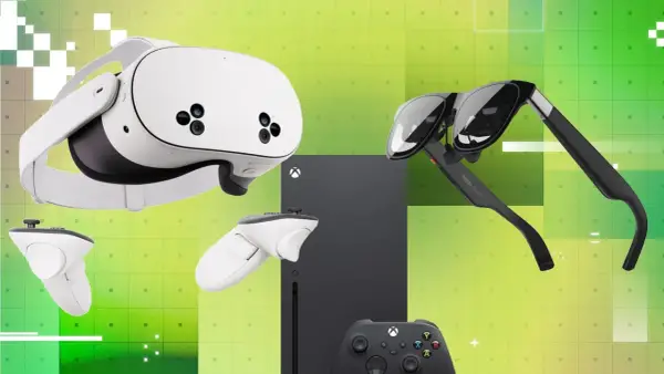 Gogle VR, okulary AR i kontrolery obok konsoli Xbox Series X. Przyszłość gier wirtualnych i rozszerzonych.