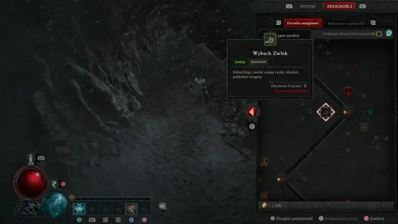 Diablo 4 nekromanta build: drzewko umiejętności z aktywną zdolnością "Wybuch Zwłok", która zadaje obrażenia pobliskim wrogom.