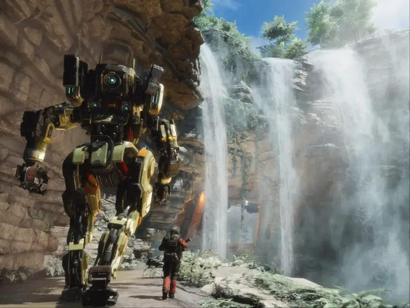 Gigantyczny mech i pilot stoją przy wodospadzie. Fani zastanawiają się: Titanfall 3 kiedy?