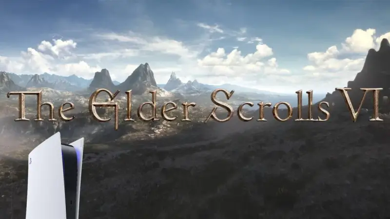 Krajobraz z gry The Elder Scrolls VI, z konsolą PS5 na pierwszym planie.