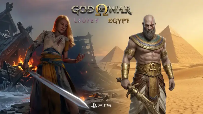 Kratos w stroju faraona i Laufey w scenerii starożytnego Egiptu. God of War Egypt.