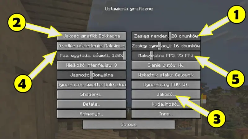 Ustawienia graficzne Minecraft. Zmniejsz zasięg renderowania i jakość, aby mieć więcej FPS. 1, 2, 3, 4, 5.